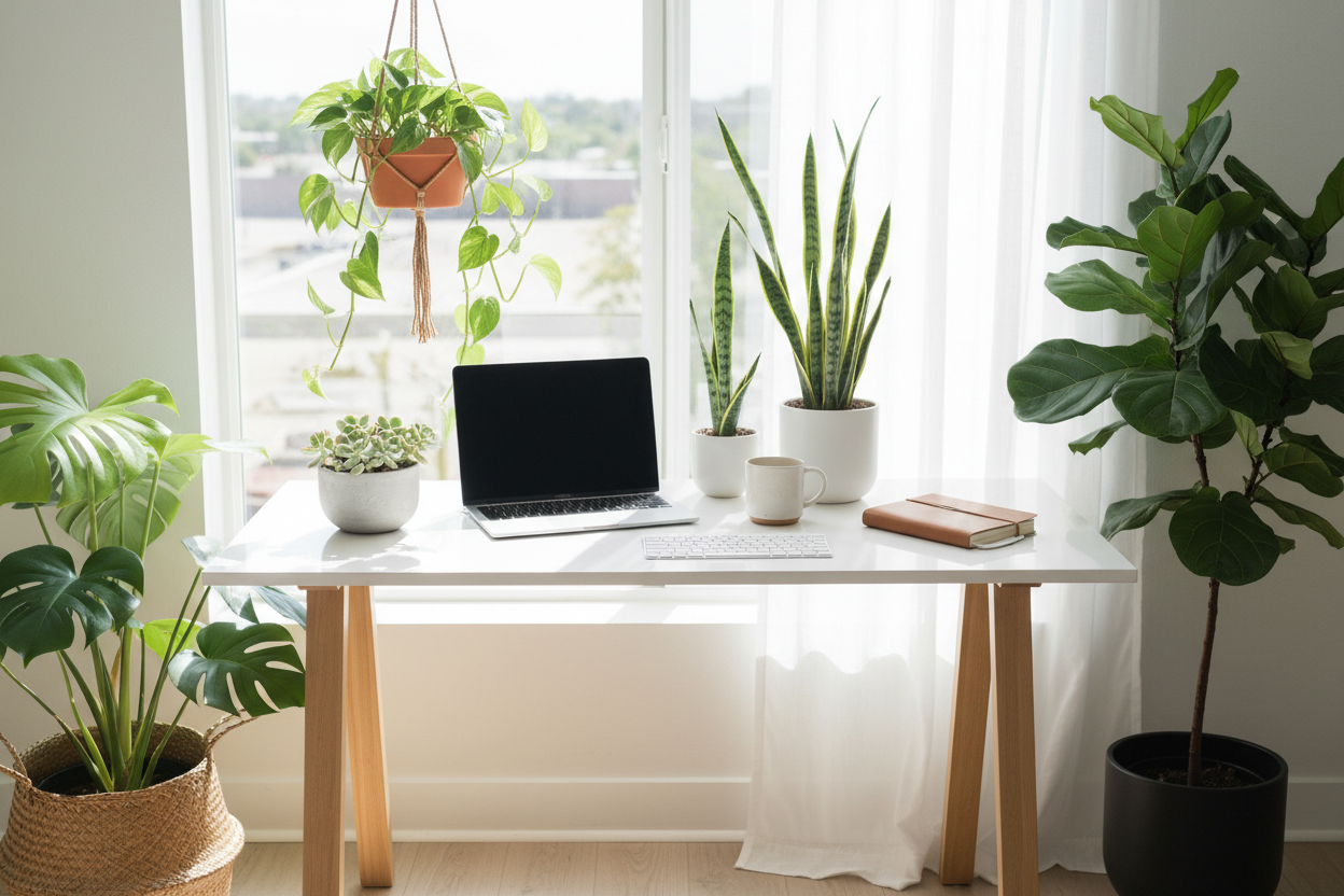 Modern office layout with desk plants