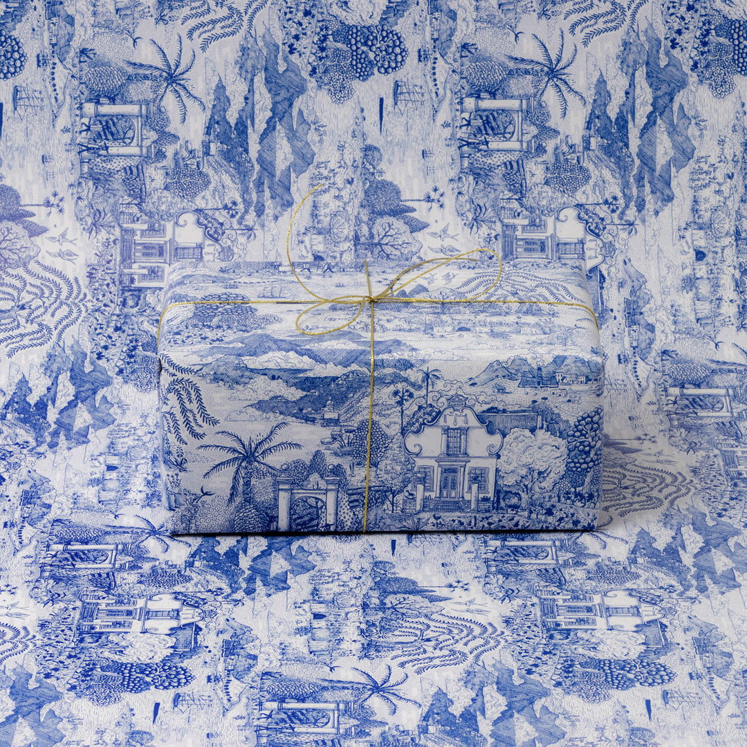 Gift box wrapped in blue and white patterned paper on a matching background