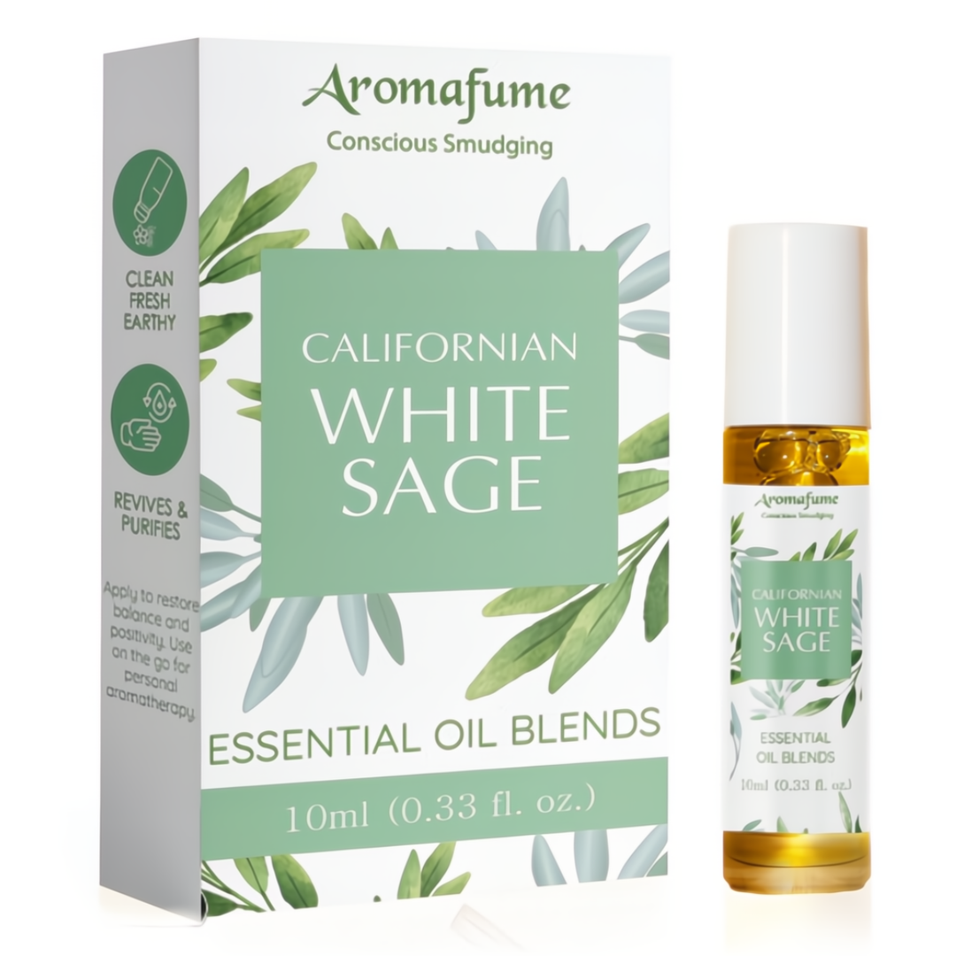 Aromafume White Sage Roll on and box on white background