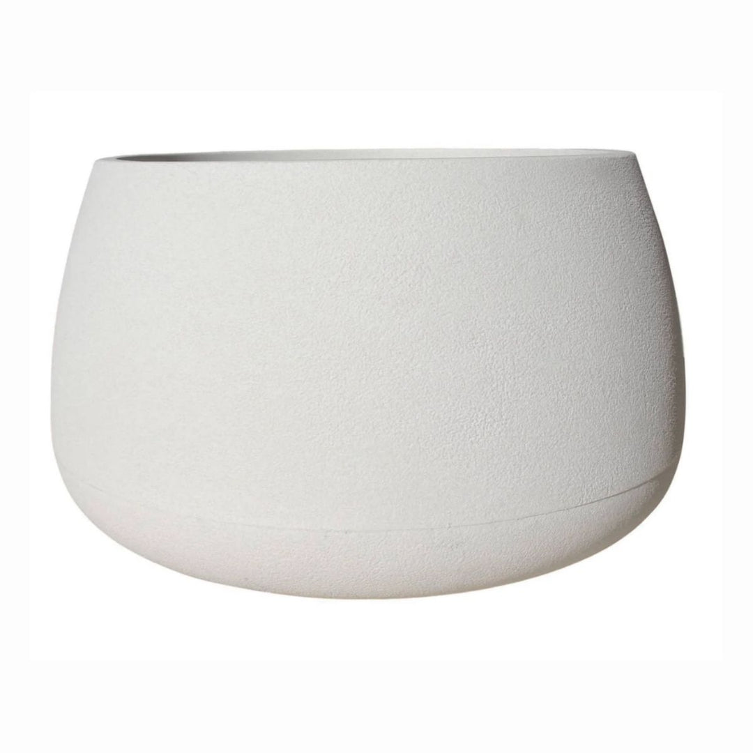 A minimalist, rounded planter pot with a textured matte finish in a light gray color, shown against a plain white background.