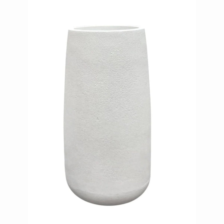 A tall, cylindrical white ceramic vase with a textured, matte finish and a flared rim, shown against a plain white background.