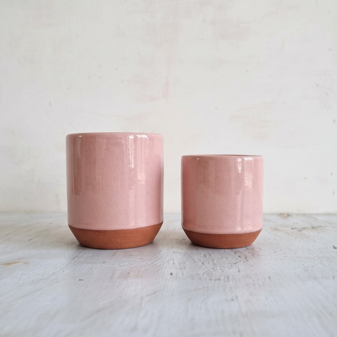 pink ceramic cup gloss with terracotta gbase in two sizes