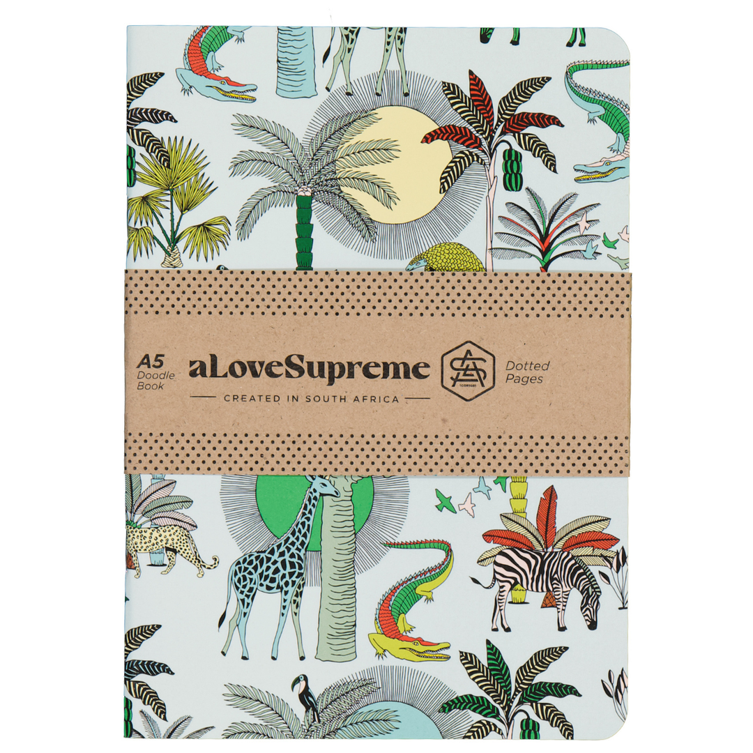 Notebook with a colorful animal and plant pattern on the cover, featuring the brand &