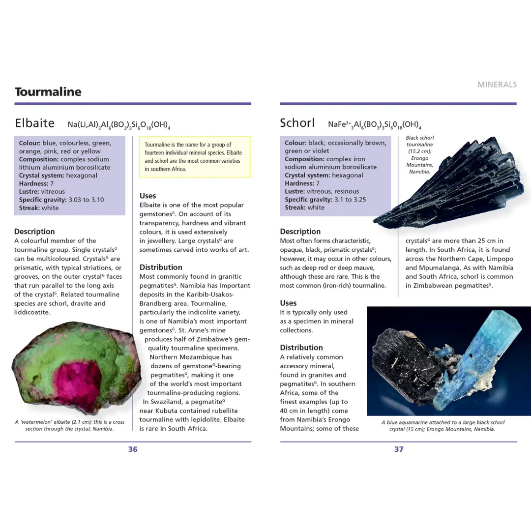 Mineralogy book page with tourmaline information and images of minerals
