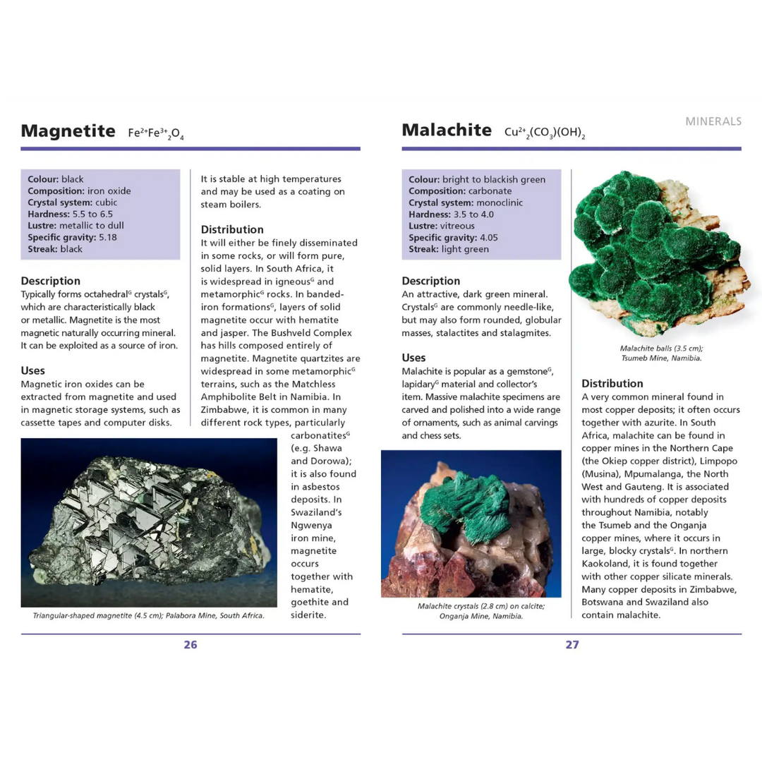 Mineralogy book page with images and descriptions of magnetite and malachite.