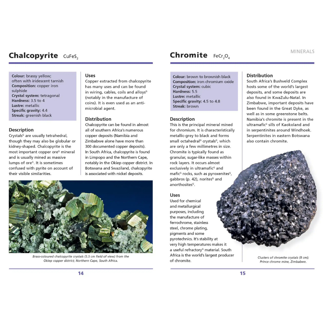 Mineralogy book page with images and descriptions of Chalcopyrite and Chromite.
