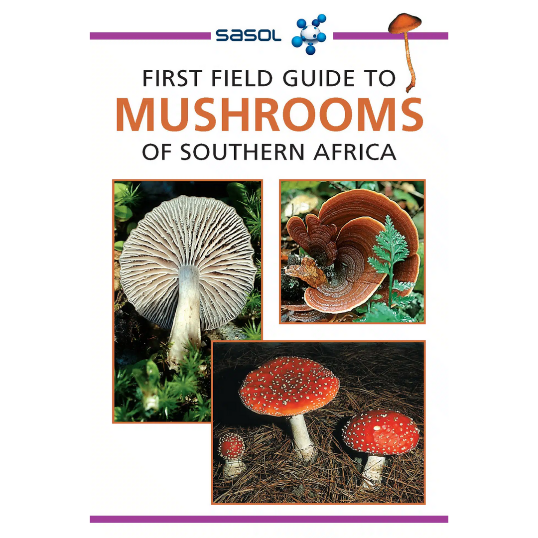 Book cover of 'First Field Guide to Mushrooms of Southern Africa' by Sasol with images of mushrooms.