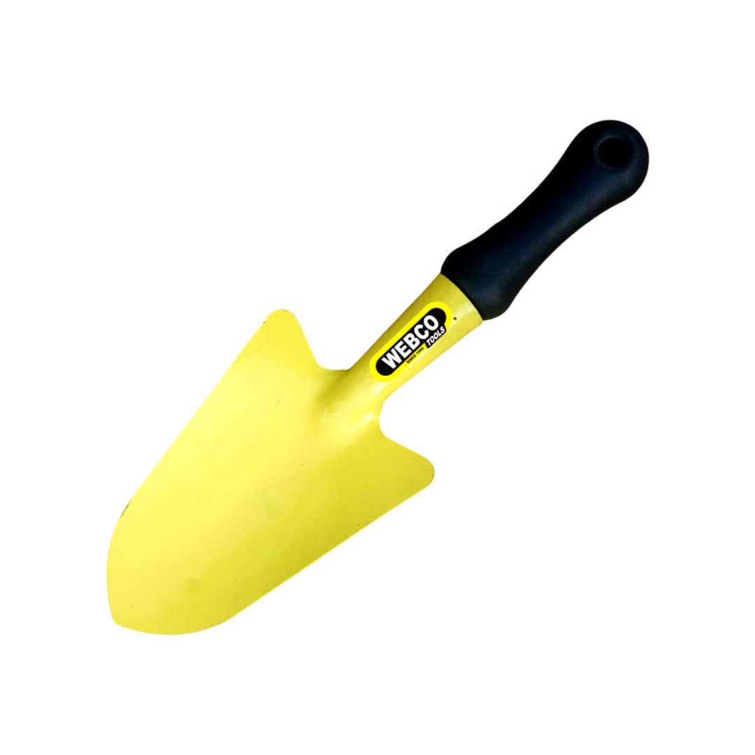 Yellow garden trowel with black handle on a white background