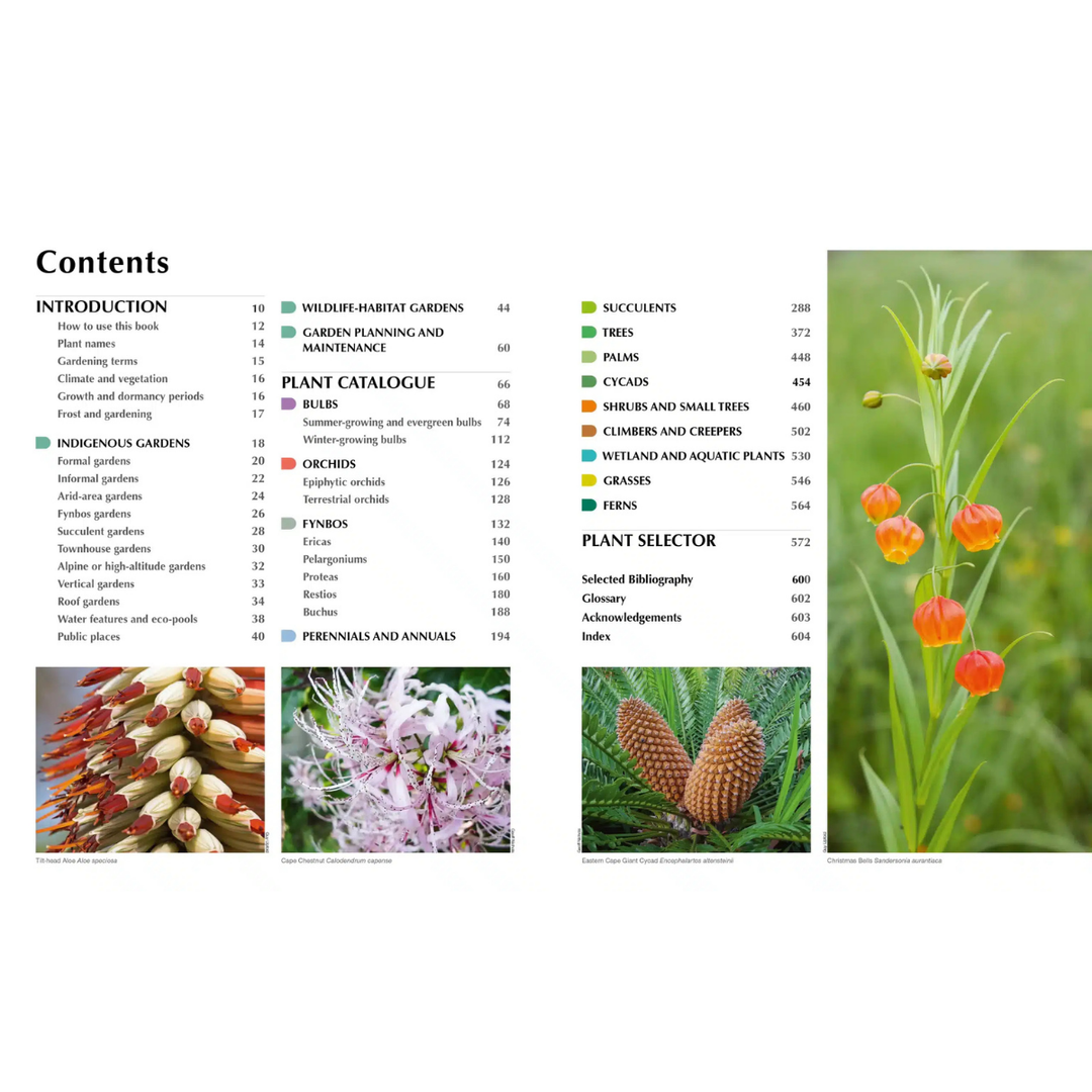 Table of contents for a gardening book with plant images and text.