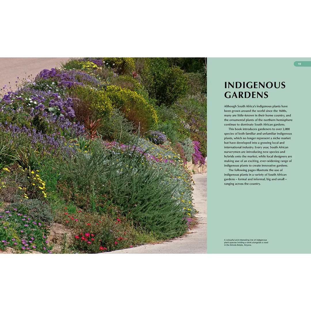 Garden with various plants and flowers, featuring text about 'Indigenous Gardens'.