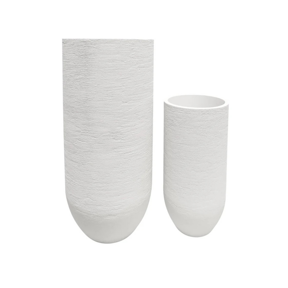 Two tall white textured planters 