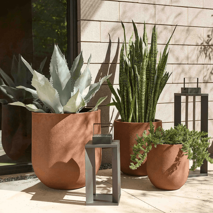 Rustic Cask Planter - Corten Steel surrounded by lush plants on a modern patio.