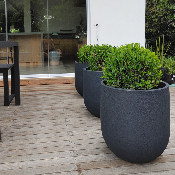 Row of dark gray planters with green plants on a wooden deck.