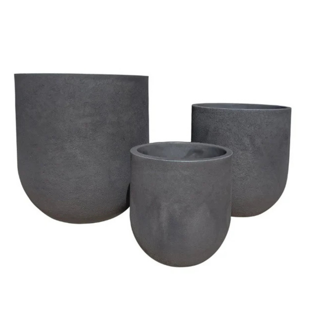 Three gray concrete planters of different sizes on a white background