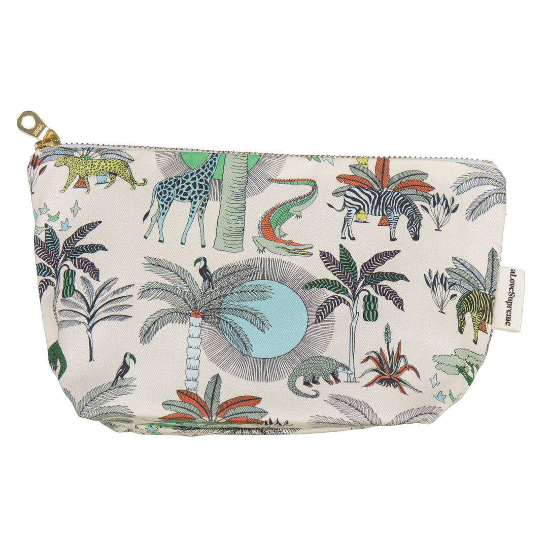 Pouch with tropical animal design on a white background