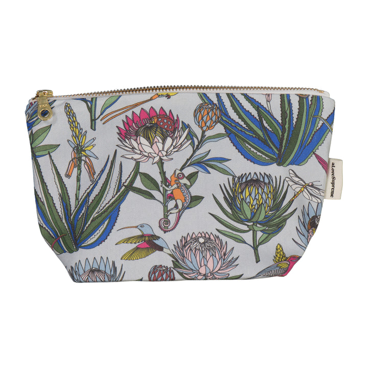 Floral and nature-themed pouch with a zipper on a white background