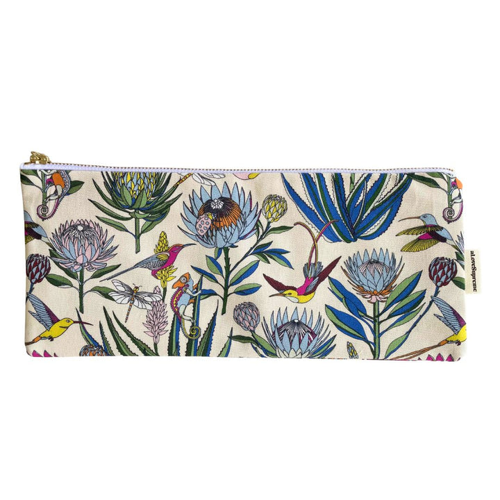 Pencil case with floral and bird pattern on a white background