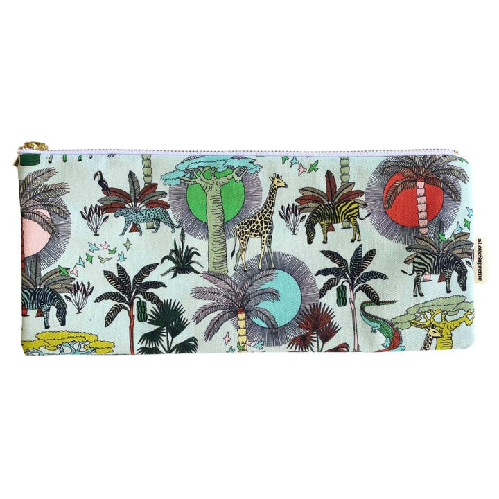 Pencil case with a colorful animal pattern on a light blue background