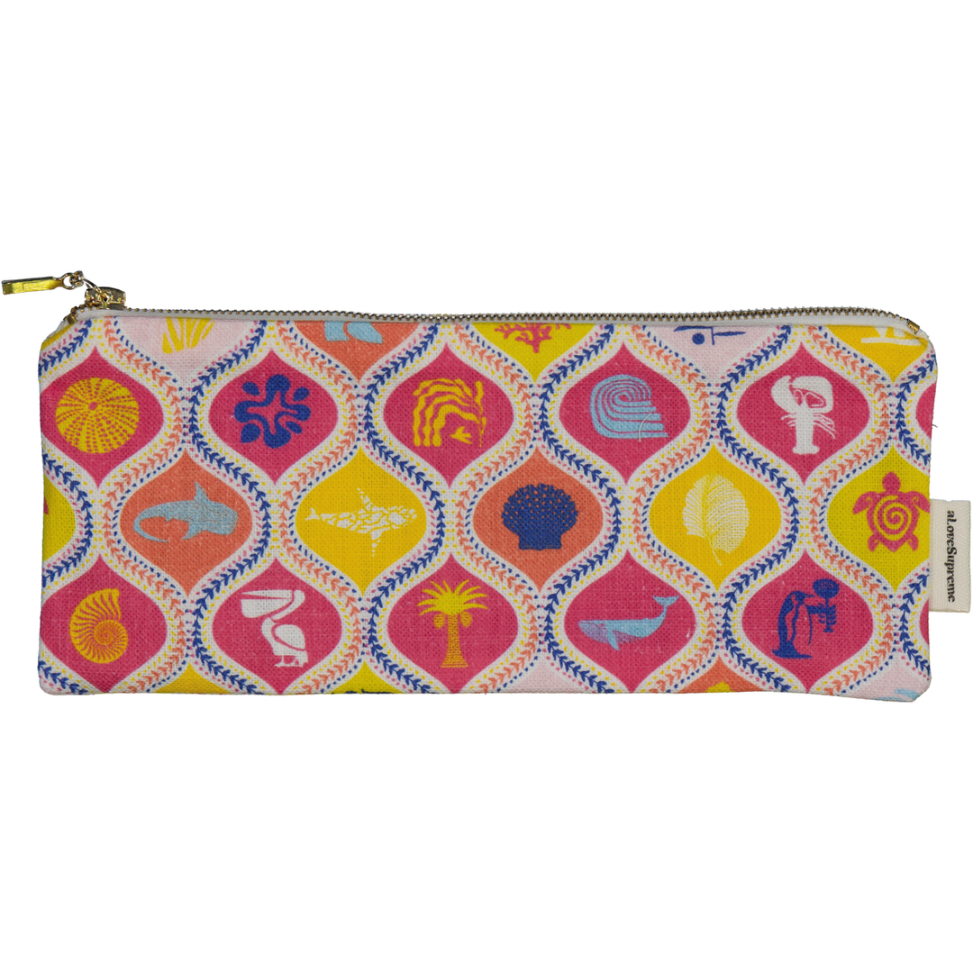 Colorful pencil case with geometric pattern on a white background