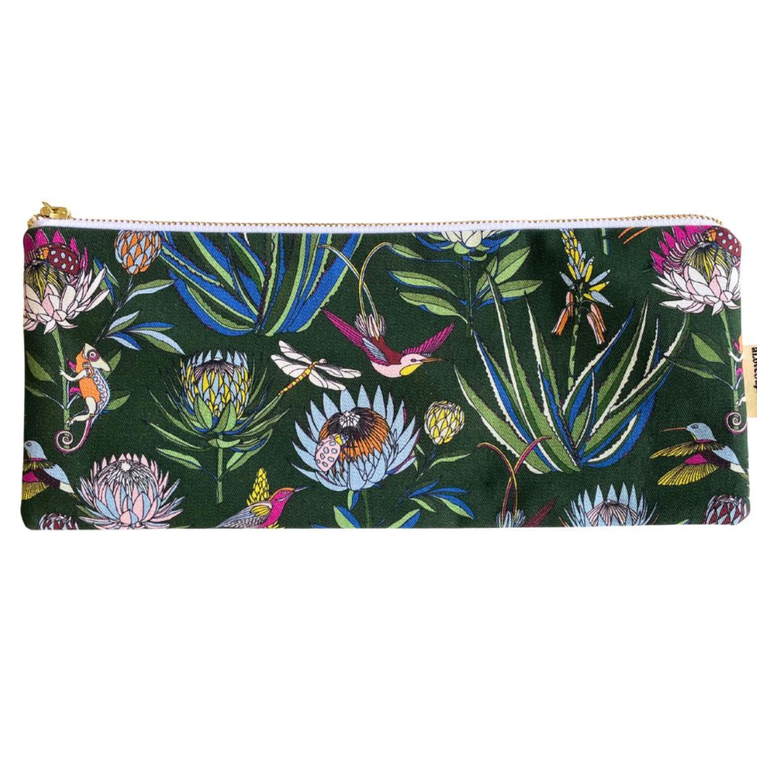 Pencil case  with tropical floral and bird design on a dark green background