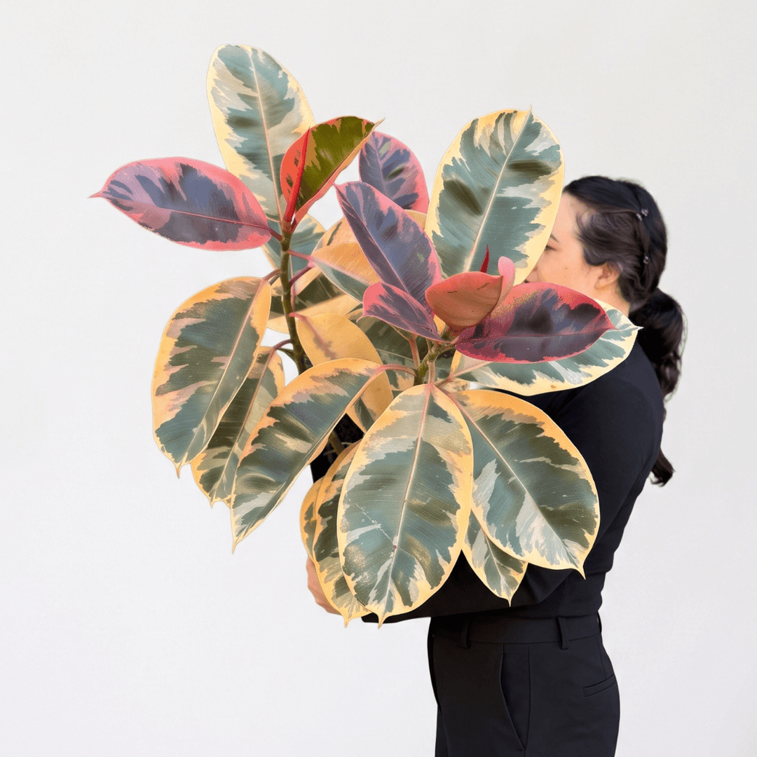 Rubber Tree - Belize - Large with striking variegated leaves held by a person