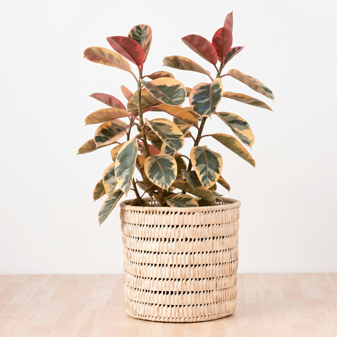 Rubber Tree - Belize - Large with vibrant variegated leaves in a woven pot, providing an eye-catching indoor plant.