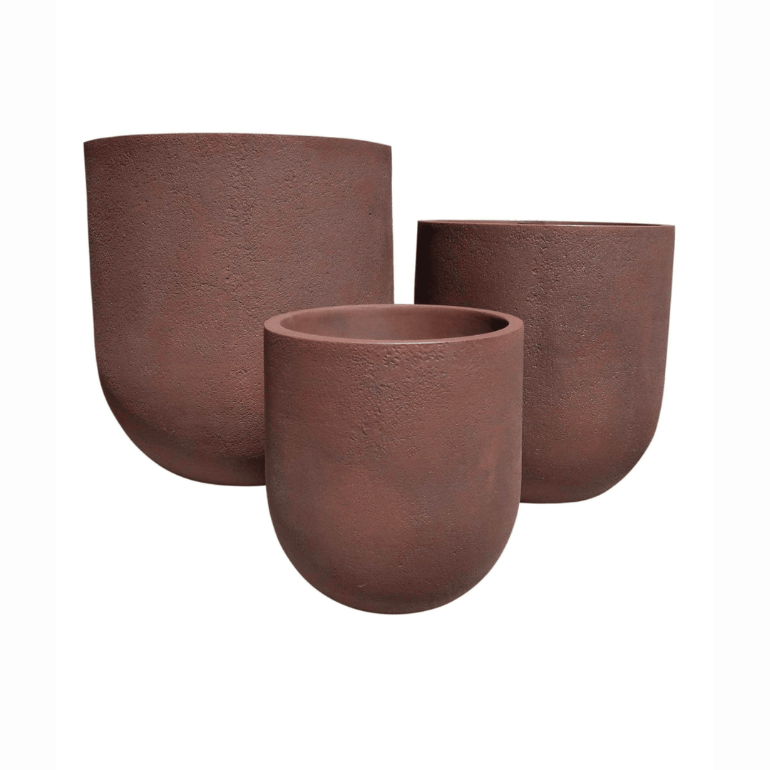 Rustic Cask Planter - Corten Steel, set of three textured planters, lightweight and durable for modern homes.