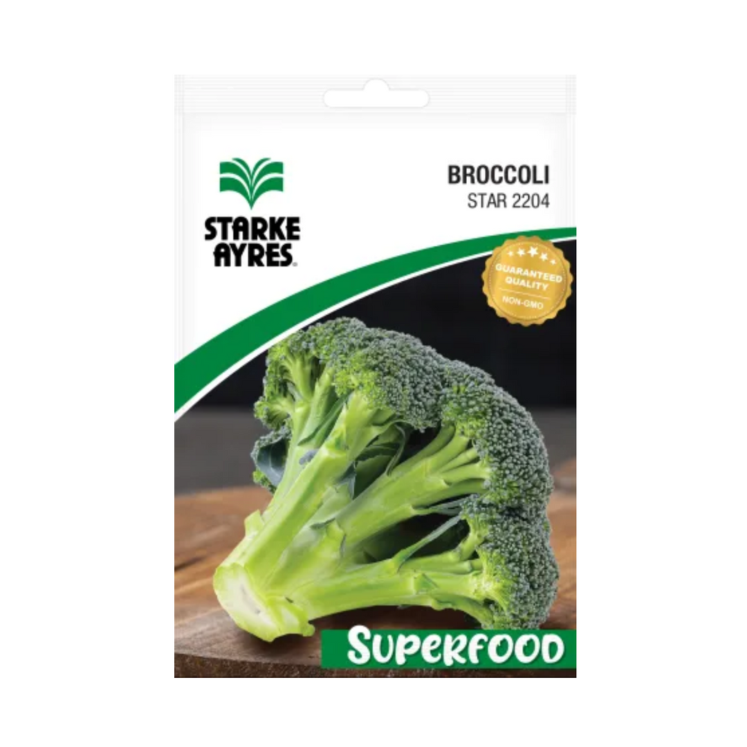 Starke Ayres broccoli seed packet with a green broccoli on a white background