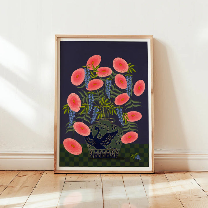 Framed fine art print of a bright pink floral display in a sage vase with a deep blue swan motif.