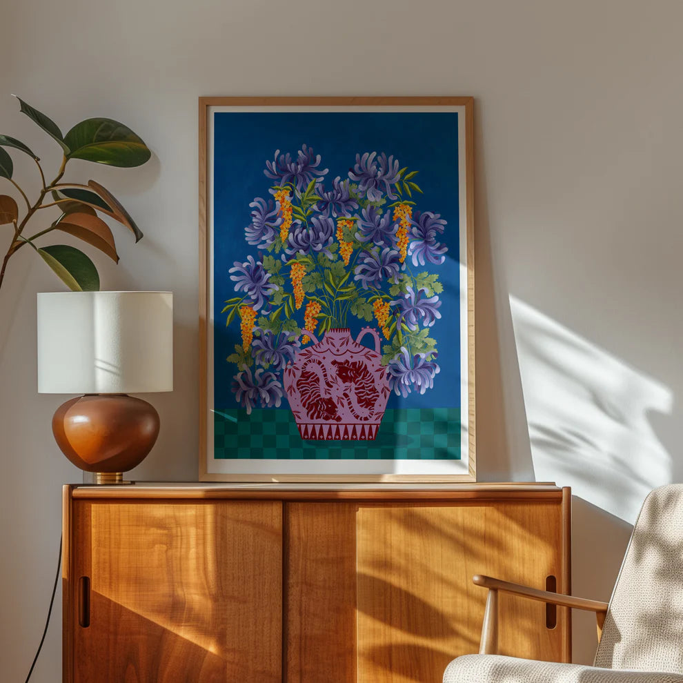Framed Fine art print of purple and orange floral display in lilac vase with tiger motif.