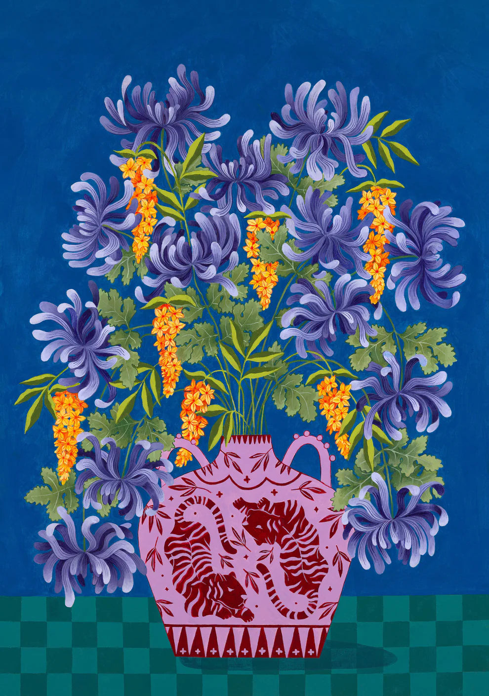 Fine art print of purple and orange floral display in lilac vase with tiger motif.