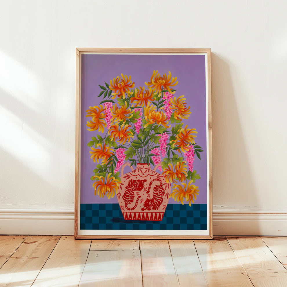 Framed Fine art print of a bright orange floral display in Peach vase with tiger motif.