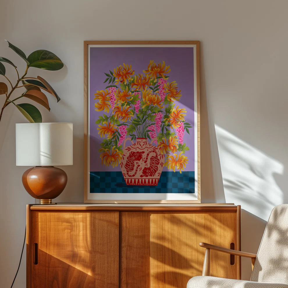 Framed Fine art print of a bright orange floral display in Peach vase with tiger motif.