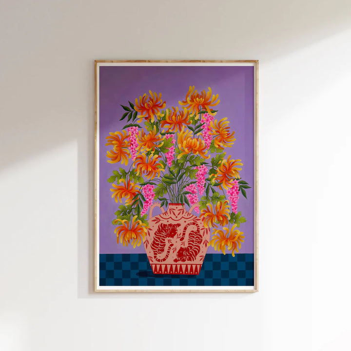 Framed Fine art print of a bright orange floral display in Peach vase with tiger motif.