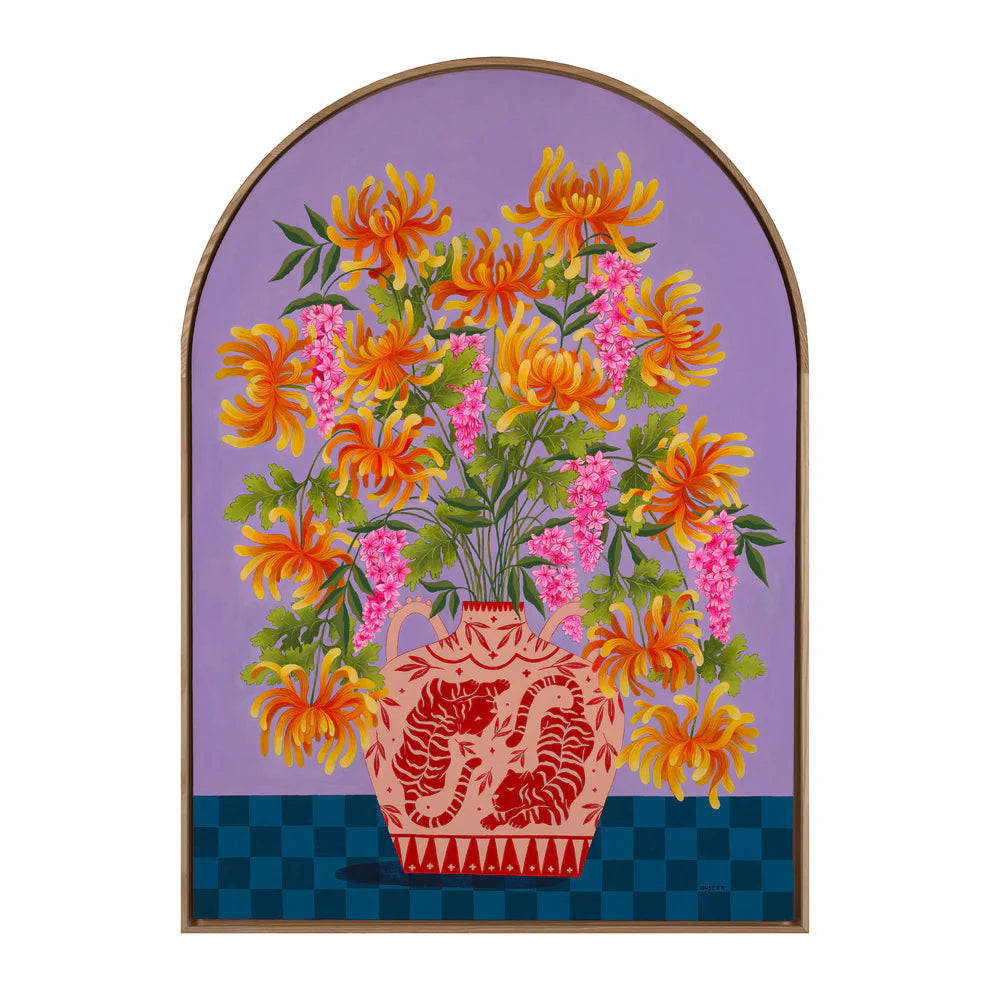 Arch Framed Fine art print of a bright orange floral display in Peach vase with tiger motif.