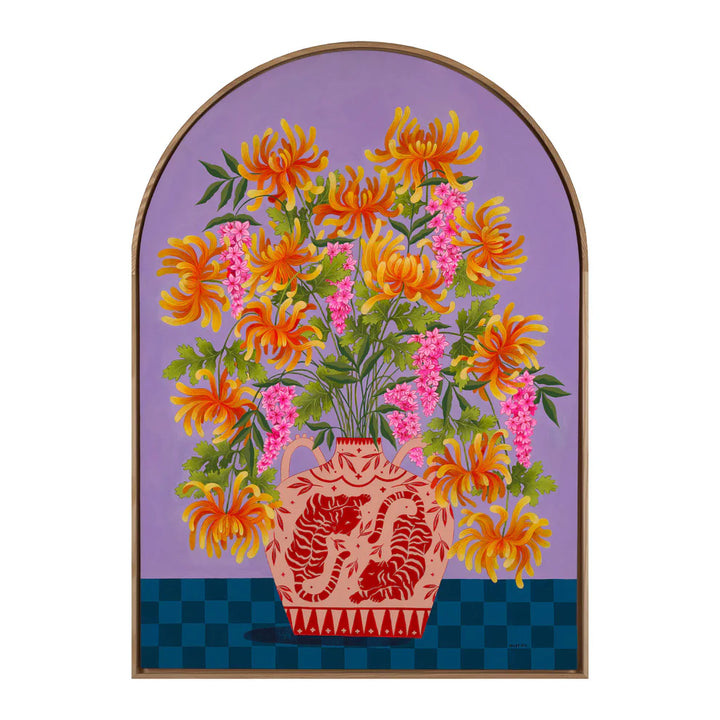 Arch Framed Fine art print of a bright orange floral display in Peach vase with tiger motif.