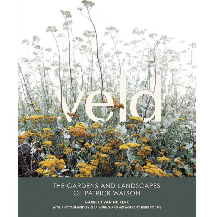 Book cover of 'Veld' with floral design and text about gardens and landscapes by Patrick Watson.