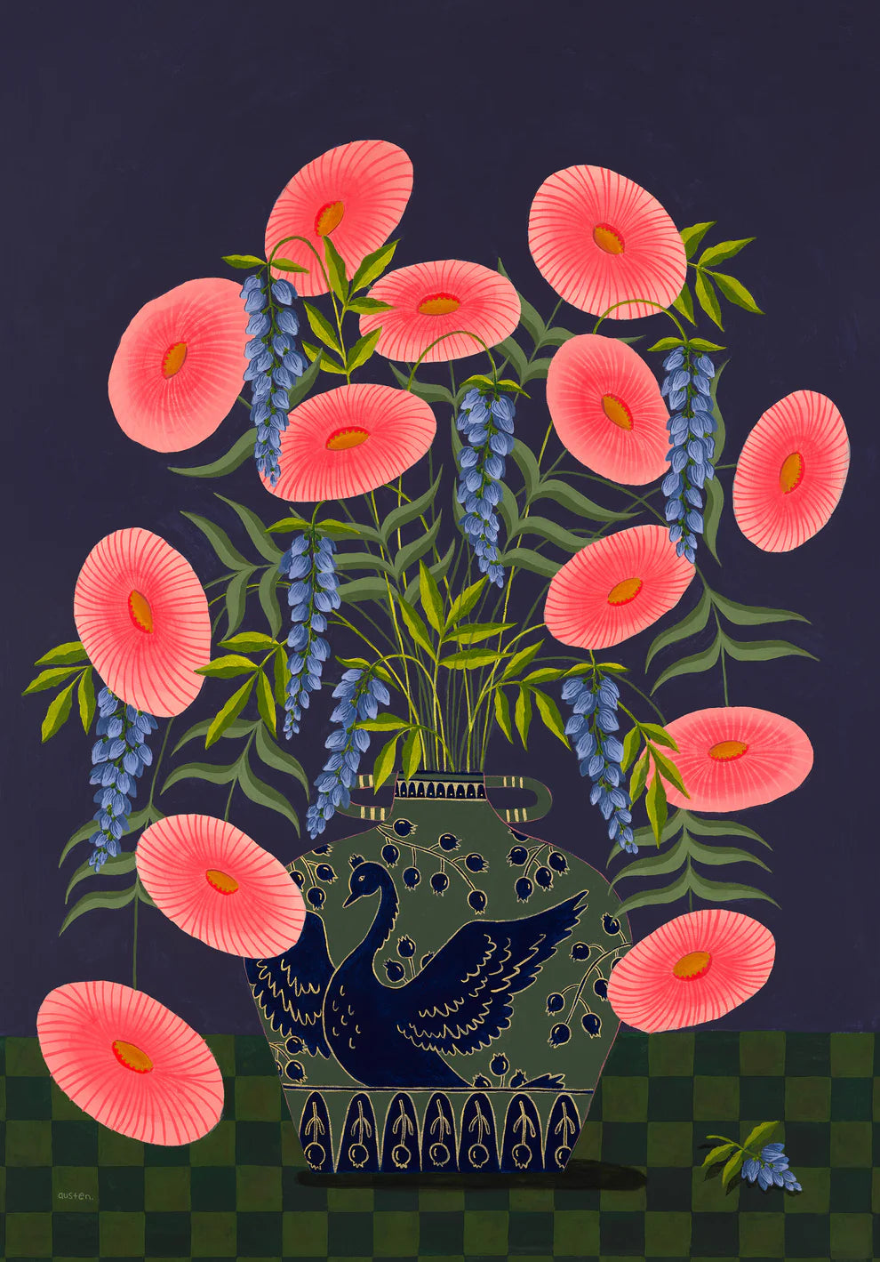 Fine art print of a bright pink floral display in a sage vase with a deep blue swan motif.