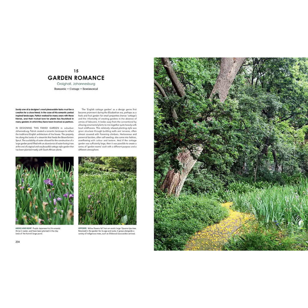 Garden scene with a path and trees, featuring text on the left side.