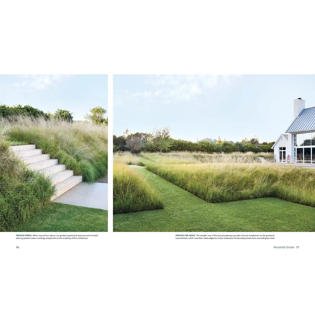 Two landscape design images with grass and a house in the background. south african indigenous
